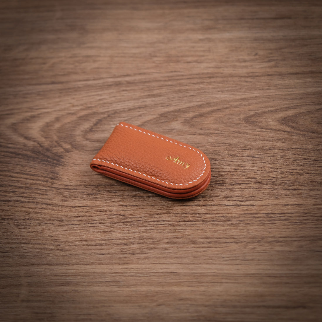 Hand-Stitched Magnetic Leather Money Clip - Pebbled Cognac Tan
