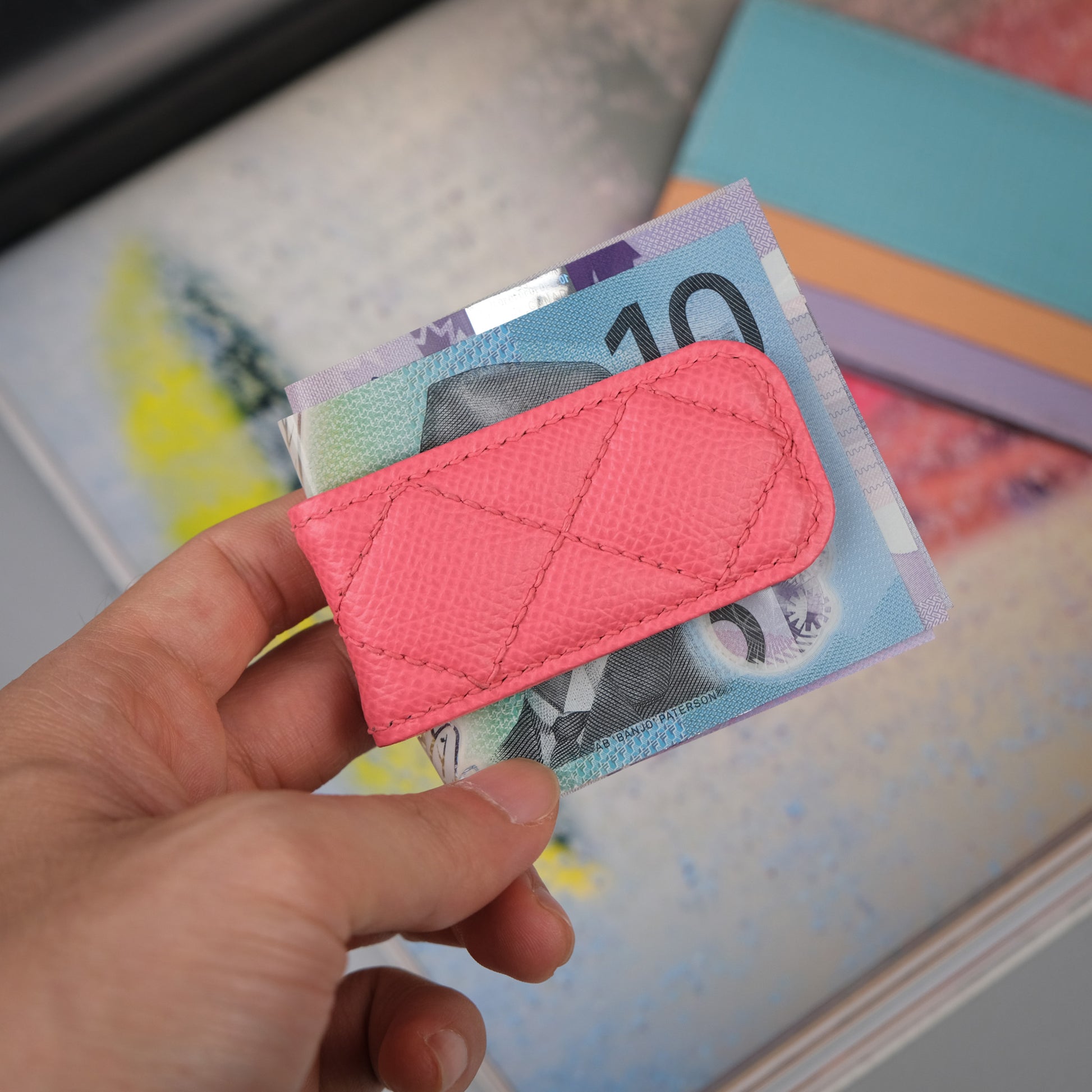 Quilted Leather Money Clip - Coral Pink Epsom Calfskin