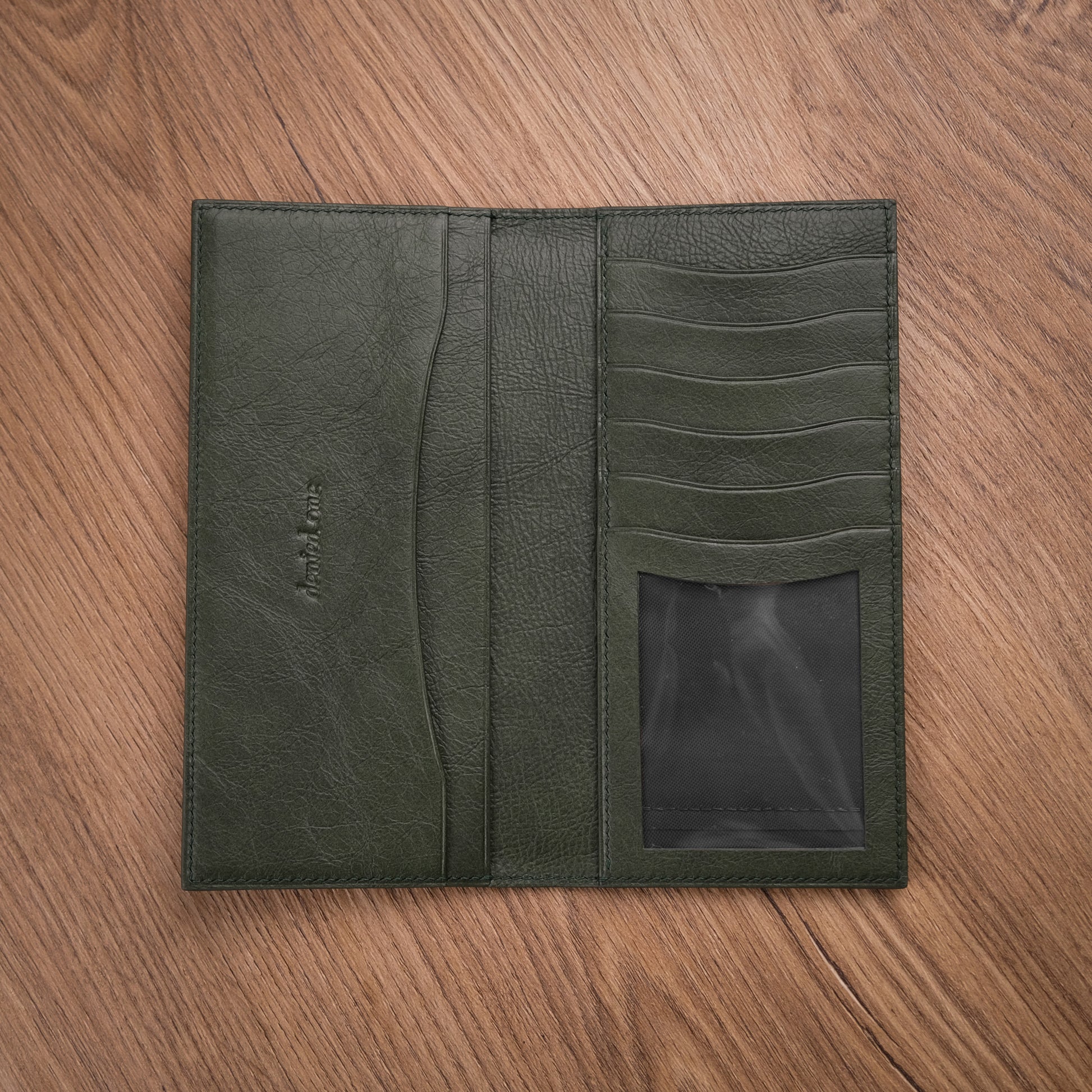 Olive Green Leather Long Wallet — 7 Card Slots & ID Window