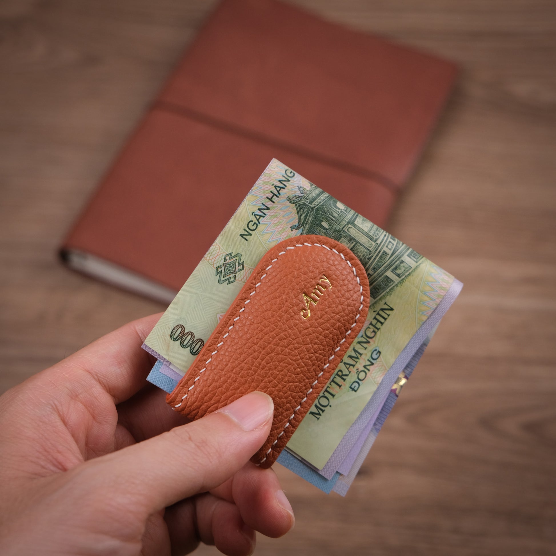Hand-Stitched Magnetic Leather Money Clip - Pebbled Cognac Tan