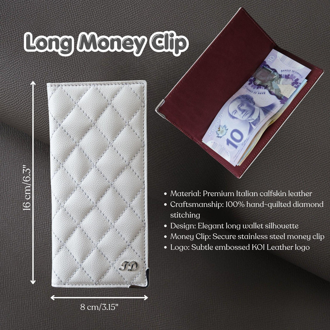 Handmade Long Money Clip Wallet Italian Calfskin Leather Diamond Quilted Wallet